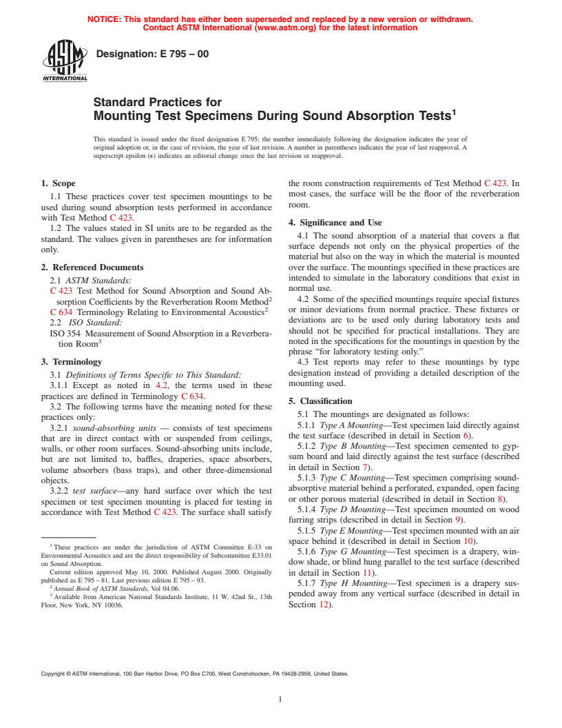 ASTM E795-00 - Standard Practices for Mounting Test Specimens During Sound Absorption Tests