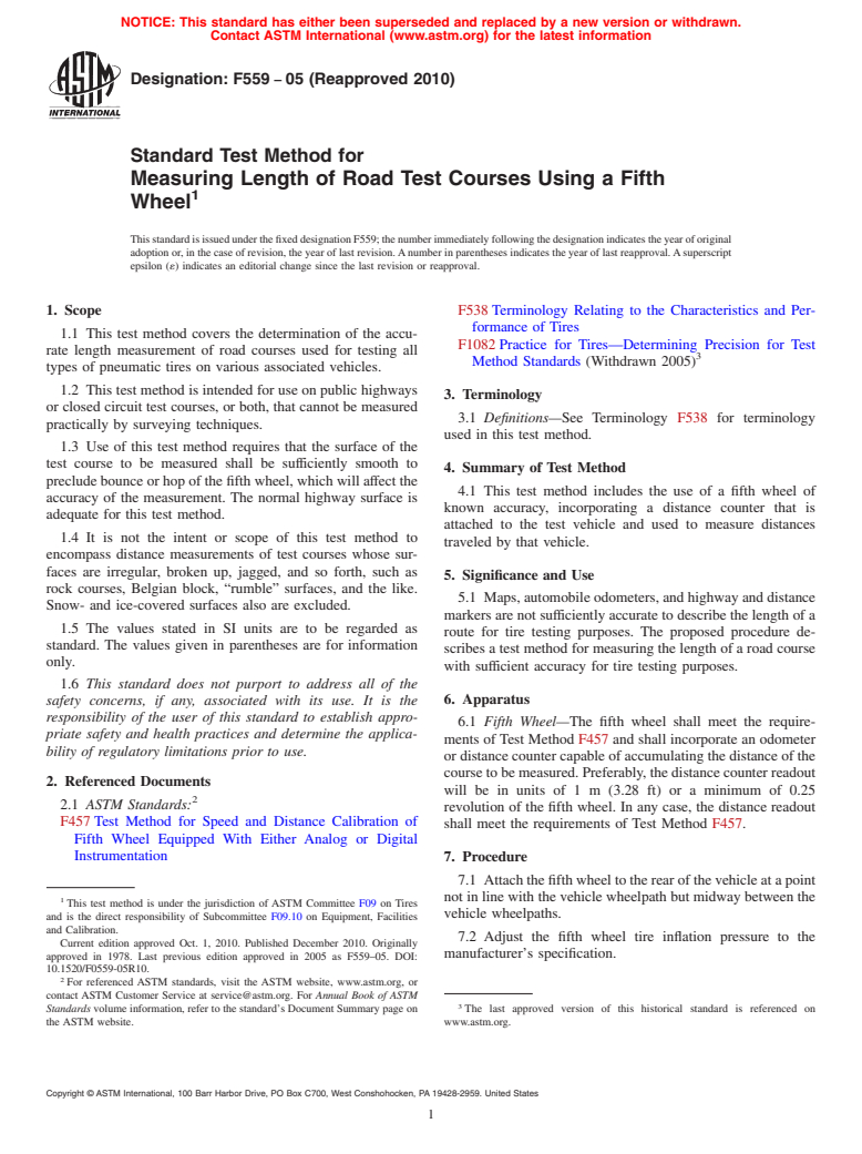 ASTM F559-05(2010) - Standard Test Method for Measuring Length of Road Test Courses Using a Fifth Wheel