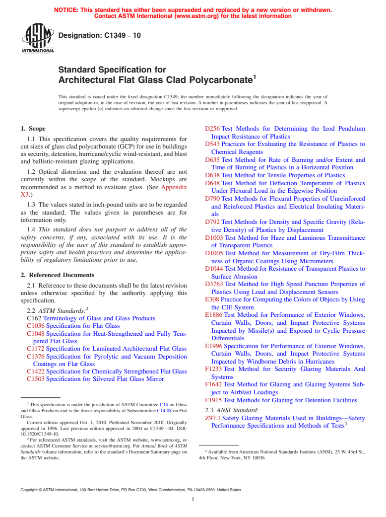 ASTM C1349-10 - Standard Specification for Architectural Flat Glass Clad Polycarbonate
