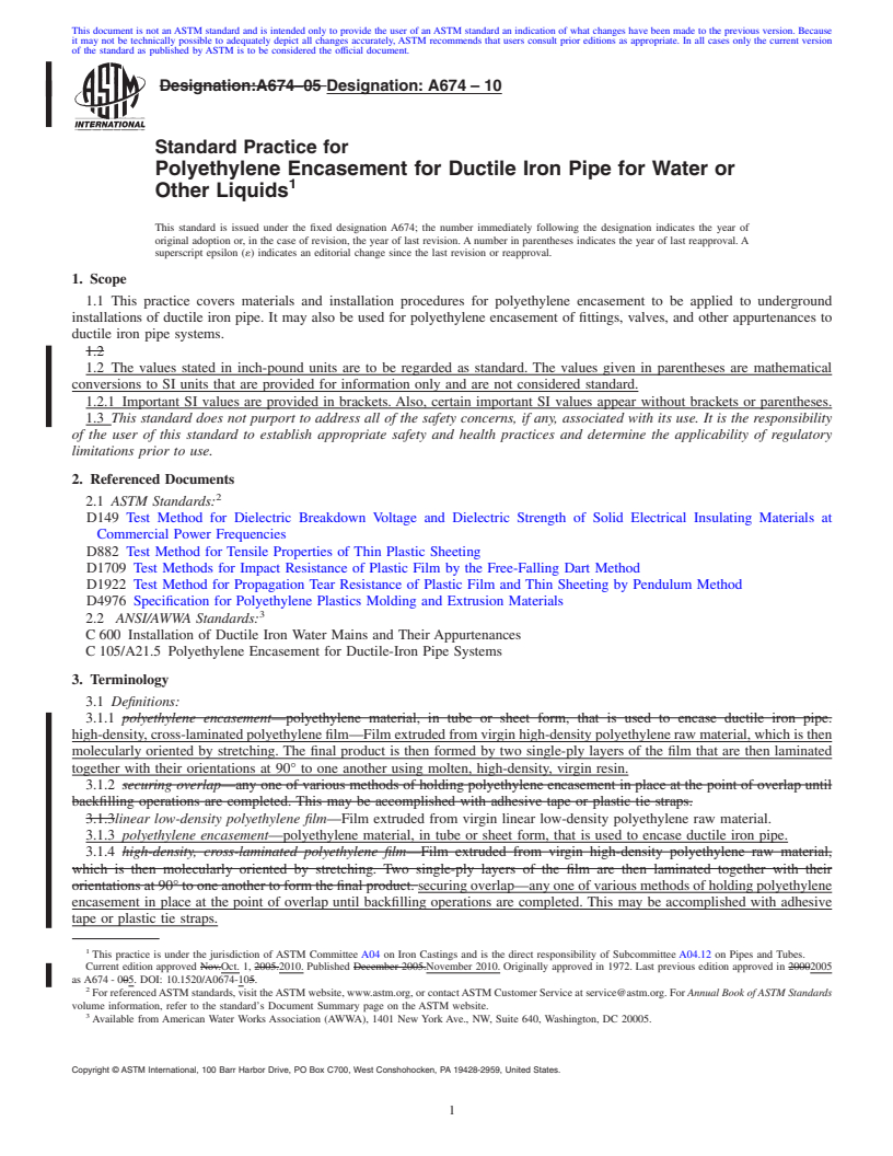 REDLINE ASTM A674-10 - Standard Practice for Polyethylene Encasement for Ductile Iron Pipe for Water or Other Liquids