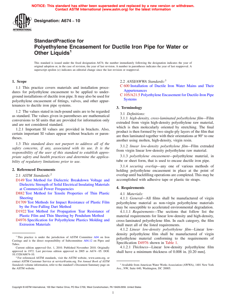 ASTM A674-10 - Standard Practice for Polyethylene Encasement for Ductile Iron Pipe for Water or Other Liquids