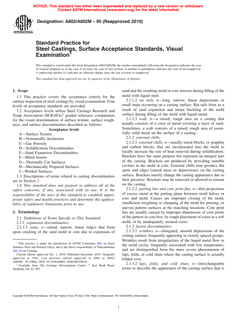 ASTM A802/A802M-95(2010) - Standard Practice for Steel Castings, Surface Acceptance Standards, Visual Examination