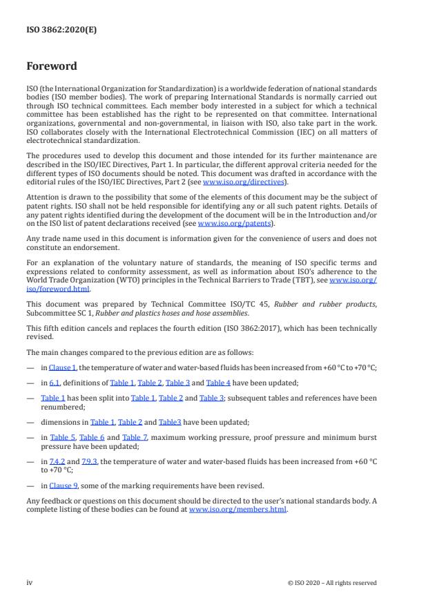 ISO 3862:2020 ISO 3862:2020 - Rubber hoses and hose assemblies -- Rubber-covered spiral-wire-reinforced hydraulic types for oil-based or water-based fluids -- Specification - Page 4 preview