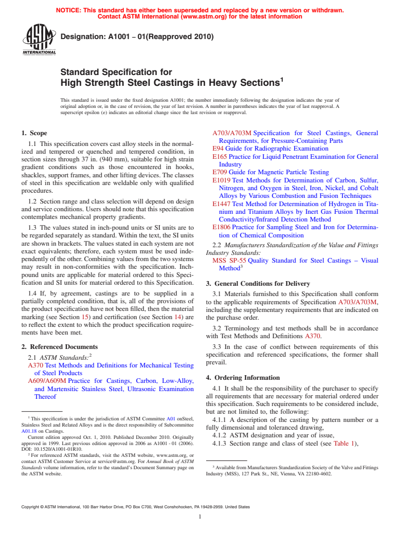 ASTM A1001-01(2010) - Standard Specification for High Strength Steel Castings in Heavy Sections