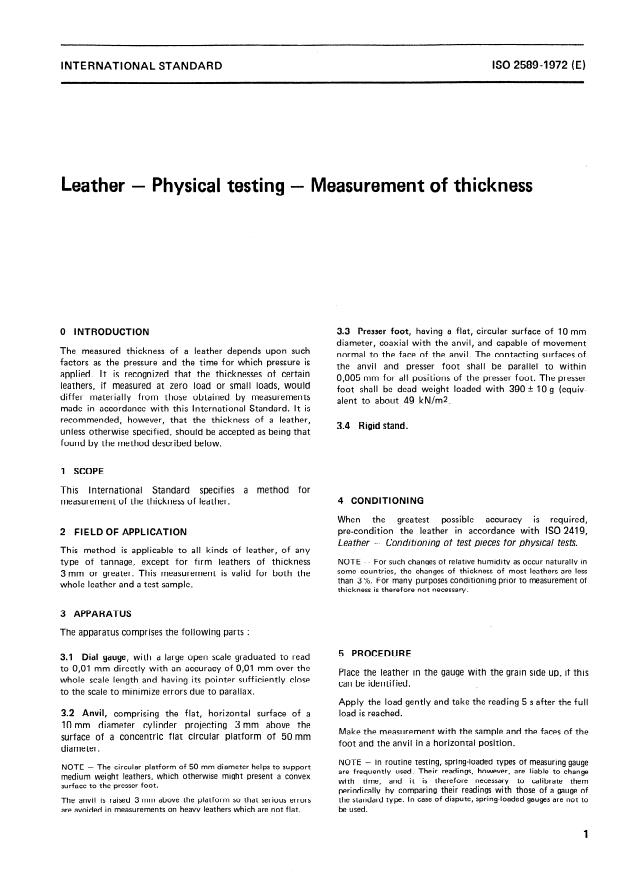 ISO 2589:1972 - Leather -- Physical testing -- Measurement of thickness