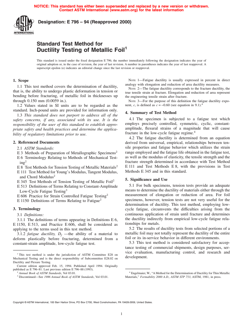 ASTM E796-94(2000) - Standard Test Method for Ductility Testing of Metallic Foil (Withdrawn 2009)