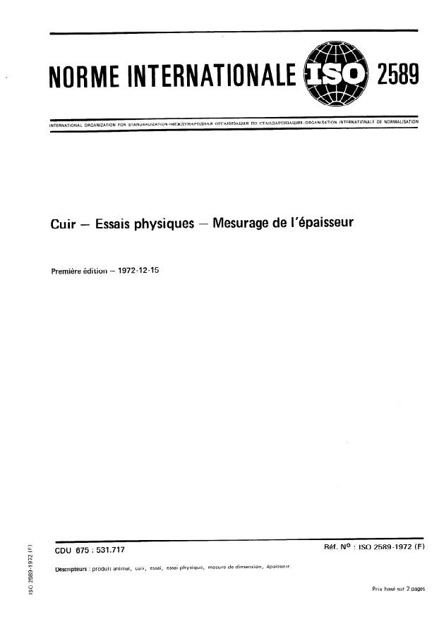 ISO 2589:1972 - Cuir -- Essais physiques -- Mesurage de l'épaisseur