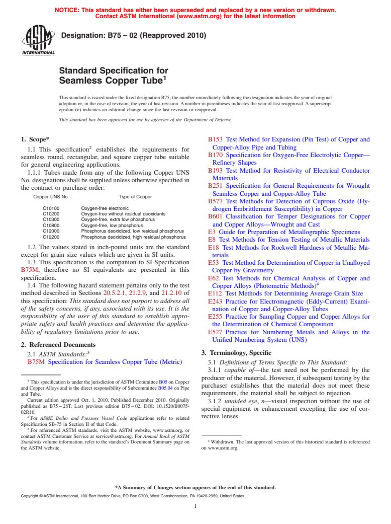 ASTM B75-02(2010) - Standard Specification for Seamless Copper Tube