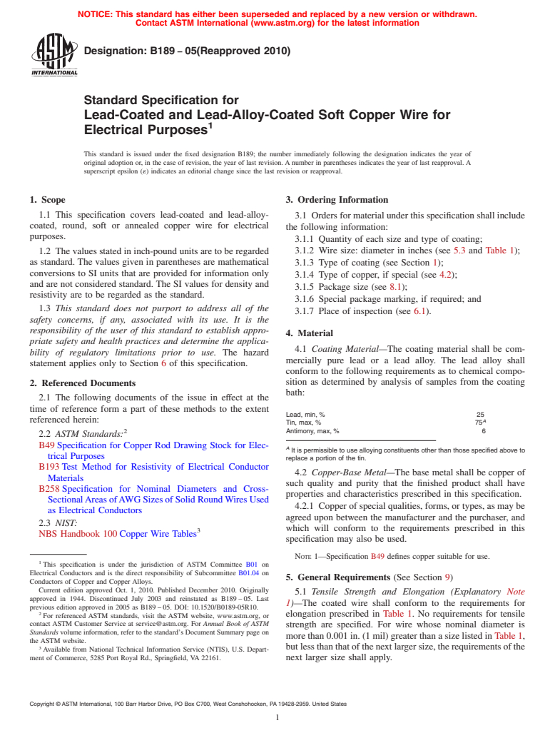 ASTM B189-05(2010) - Standard Specification for Lead-Coated and Lead-Alloy-Coated Soft Copper Wire for Electrical Purposes