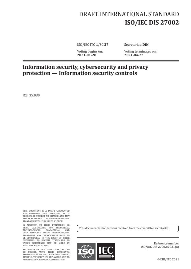 ISO/IEC DIS 27002 - Information Security, Cybersecurity And Privacy ...