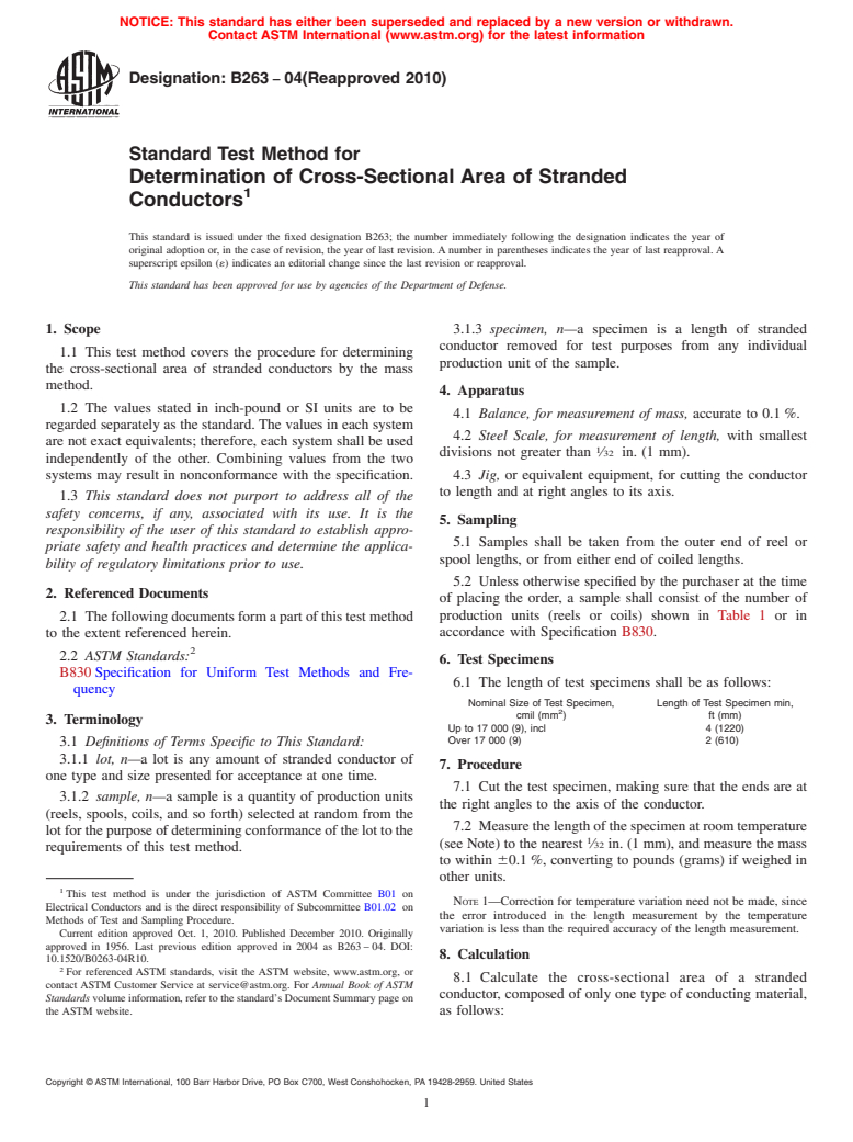 ASTM B263-04(2010) - Standard Test Method for Determination of Cross-Sectional Area of Stranded Conductors