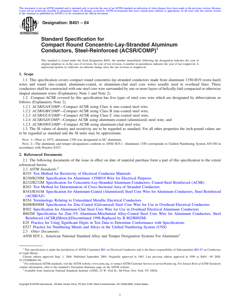 REDLINE ASTM B401-04(2010) - Standard Specification for Compact Round Concentric-Lay-Stranded Aluminum Conductors, Steel-Reinforced (ACSR/COMP)