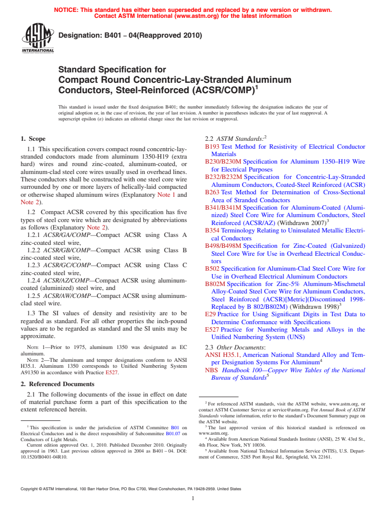 ASTM B401-04(2010) - Standard Specification for Compact Round Concentric-Lay-Stranded Aluminum Conductors, Steel-Reinforced (ACSR/COMP)