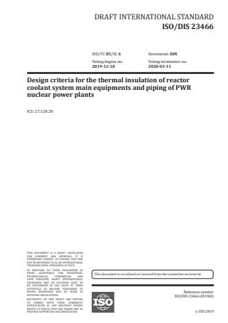ISO/FDIS 23466:Version 25-apr-2020 - Design criteria for the thermal insulation of reactor coolant system main equipments and piping of PWR nuclear power plants