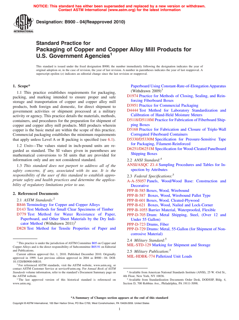 ASTM B900-04(2010) - Standard Practice for Packaging of Copper and Copper Alloy Mill Products for U.S. Government Agencies