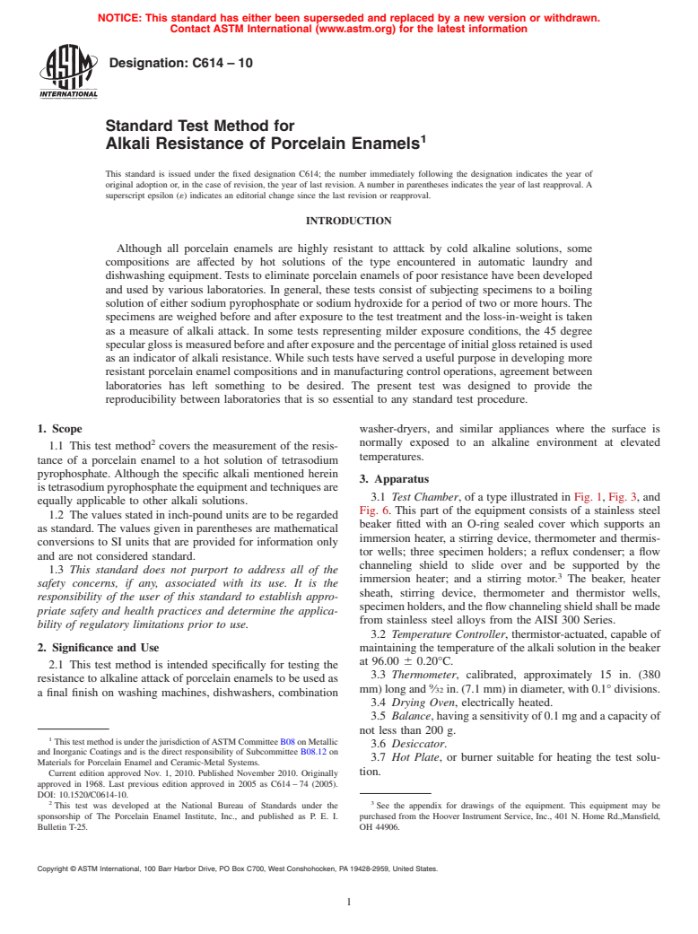 ASTM C614-10 - Standard Test Method for Alkali Resistance of Porcelain Enamels