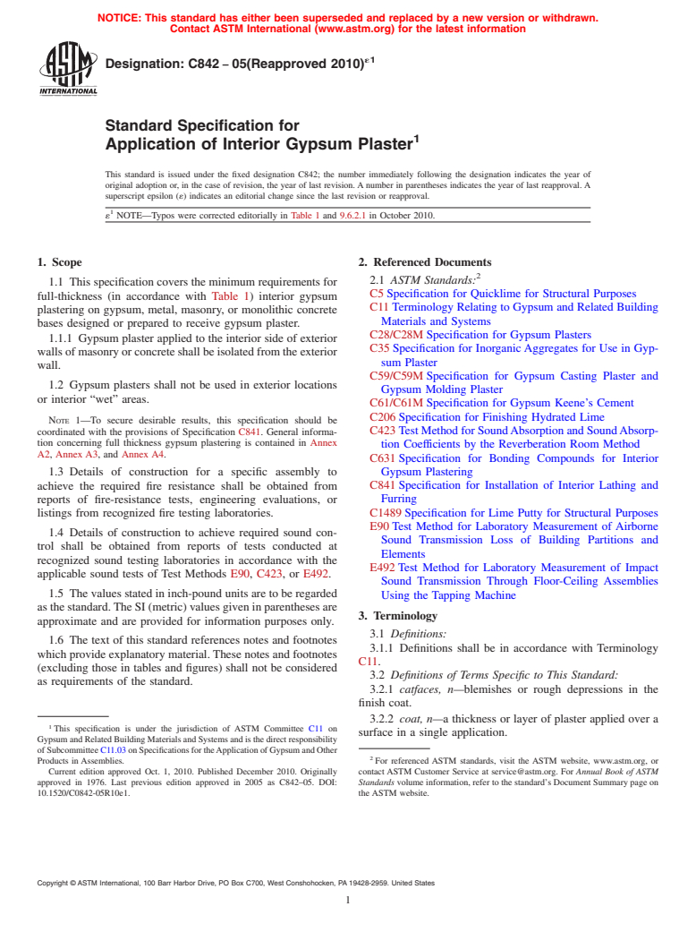 ASTM C842-05(2010)e1 - Standard Specification for Application of Interior Gypsum Plaster