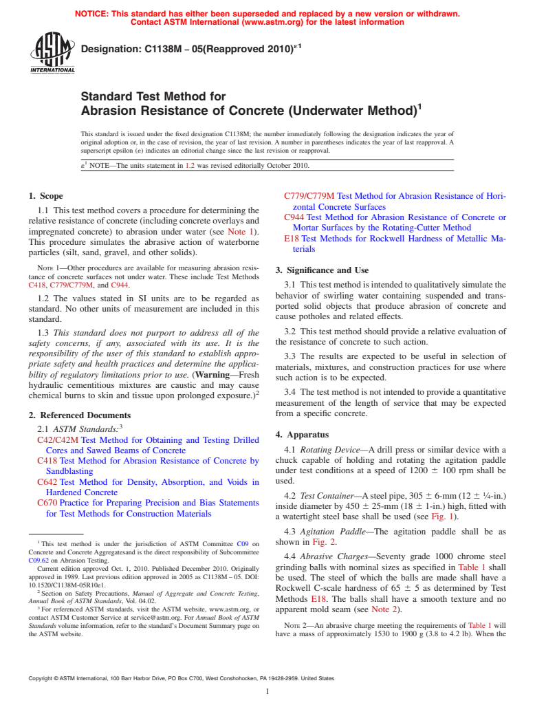 ASTM C1138M-05(2010)e1 - Standard Test Method for Abrasion Resistance of Concrete (Underwater Method)