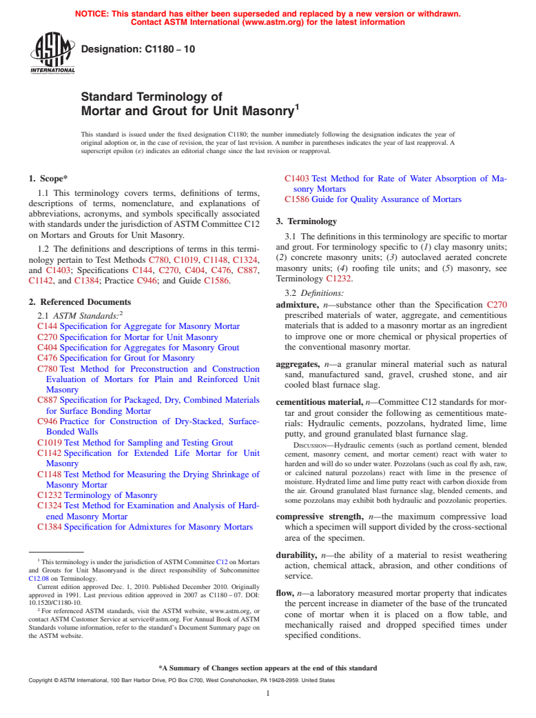 ASTM C1180-10 - Standard Terminology of Mortar and Grout for Unit Masonry