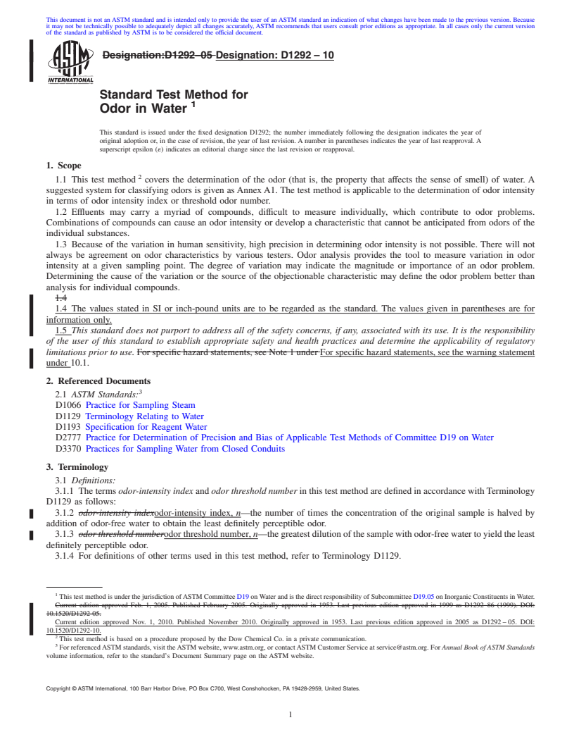 REDLINE ASTM D1292-10 - Standard Test Method for Odor in Water