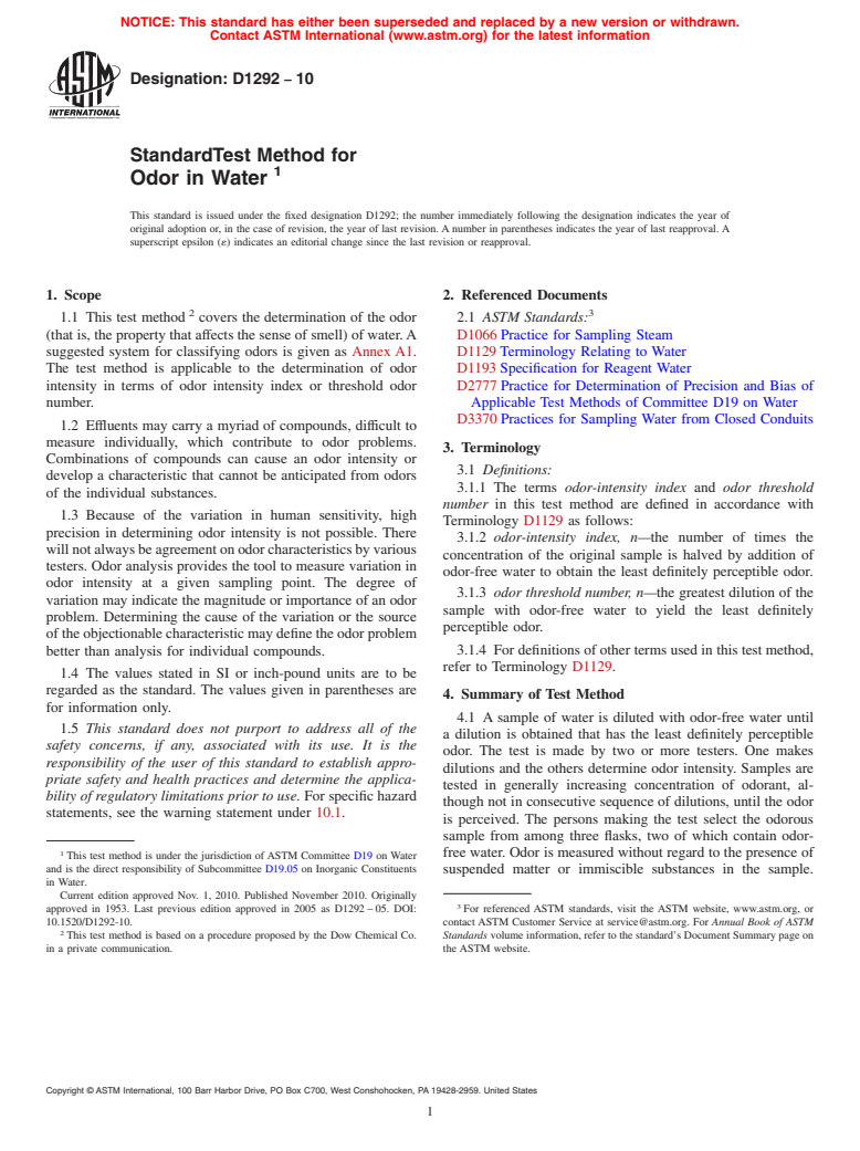 ASTM D1292-10 - Standard Test Method for Odor in Water