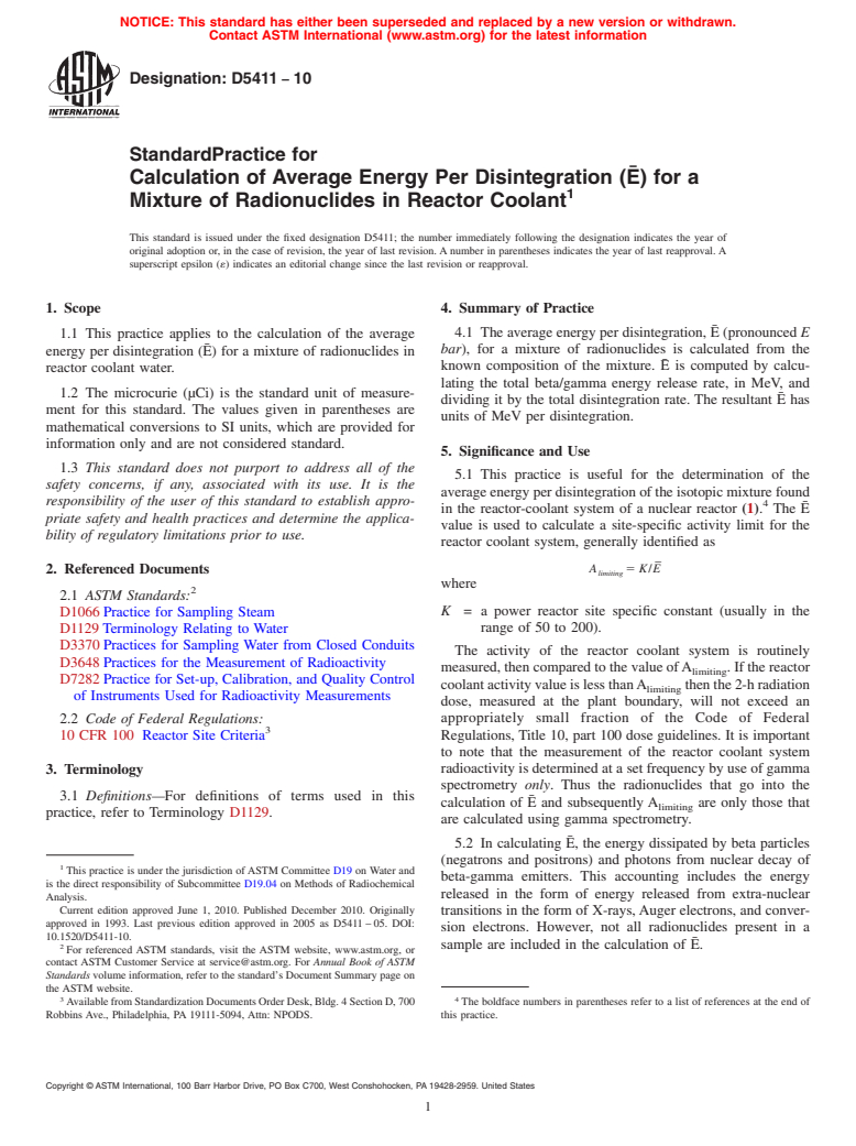 ASTM D5411-10 - Standard Practice for Calculation of Average Energy Per Disintegration (E) for a Mixture of Radionuclides in Reactor Coolant