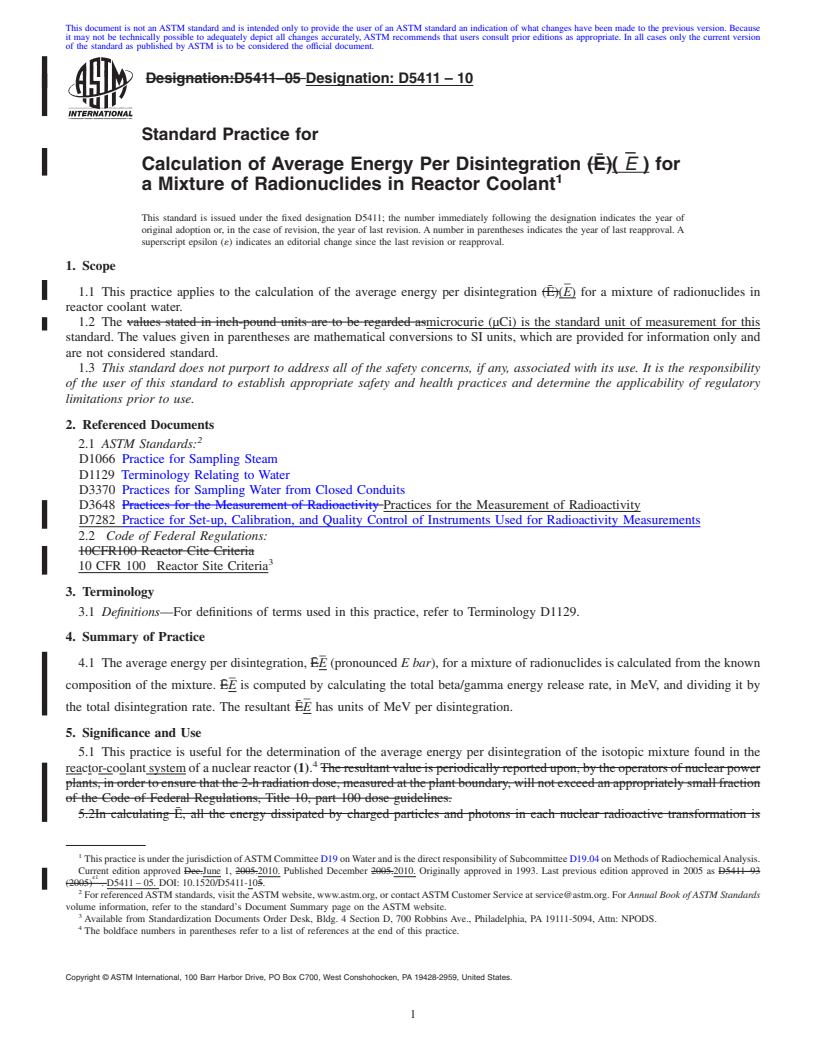 REDLINE ASTM D5411-10 - Standard Practice for Calculation of Average Energy Per Disintegration (E) for a Mixture of Radionuclides in Reactor Coolant