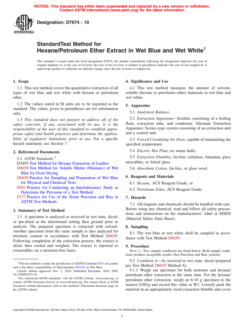 ASTM D7674-10 - Standard Test Method for Hexane/Petroleum Ether Extract in Wet Blue and Wet White