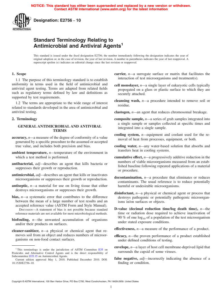 ASTM E2756-10 - Standard Terminology Relating to Antimicrobial and Antiviral Agents