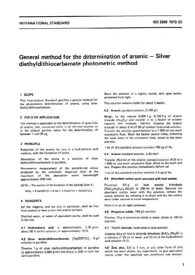 ISO 2590:1973 - General method for the determination of arsenic -- Silver diethyldithiocarbamate photometric method