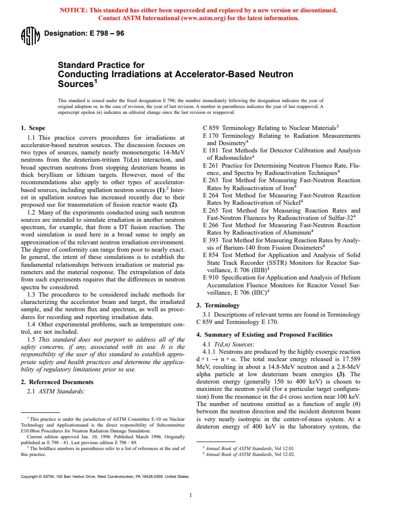 ASTM E798-96 - Standard Practice for Conducting Irradiations at Accelerator-Based Neutron Sources