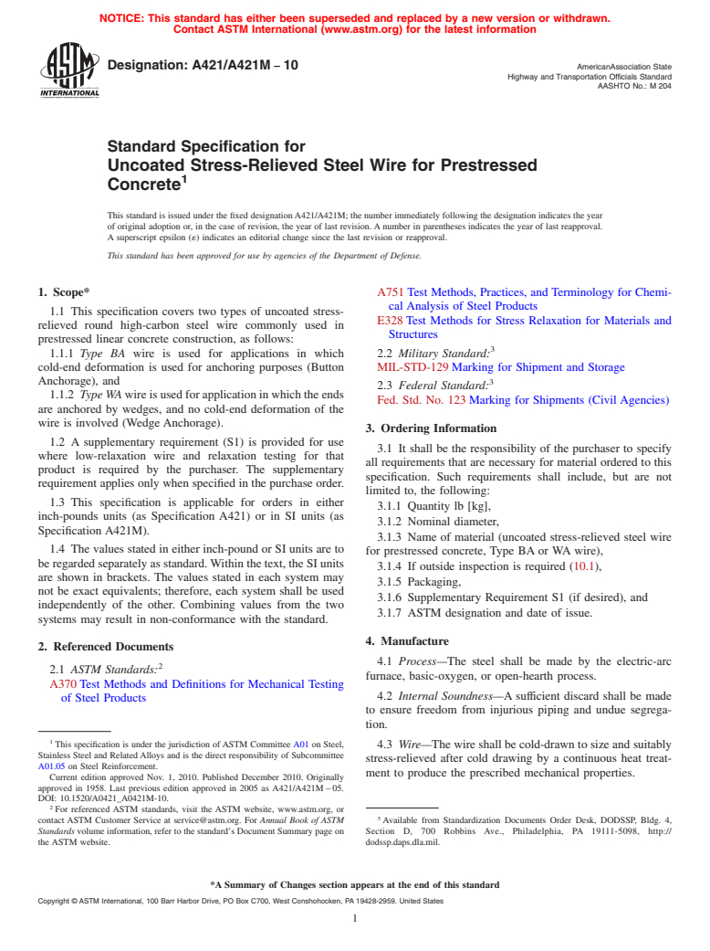 ASTM A421/A421M-10 - Standard Specification for Uncoated Stress-Relieved Steel Wire for Prestressed Concrete