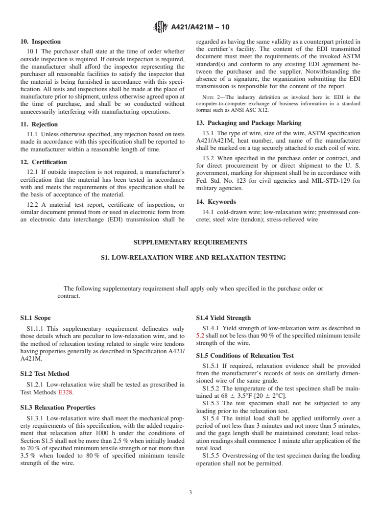 ASTM A421/A421M-10 - Standard Specification for Uncoated Stress-Relieved Steel Wire for Prestressed Concrete