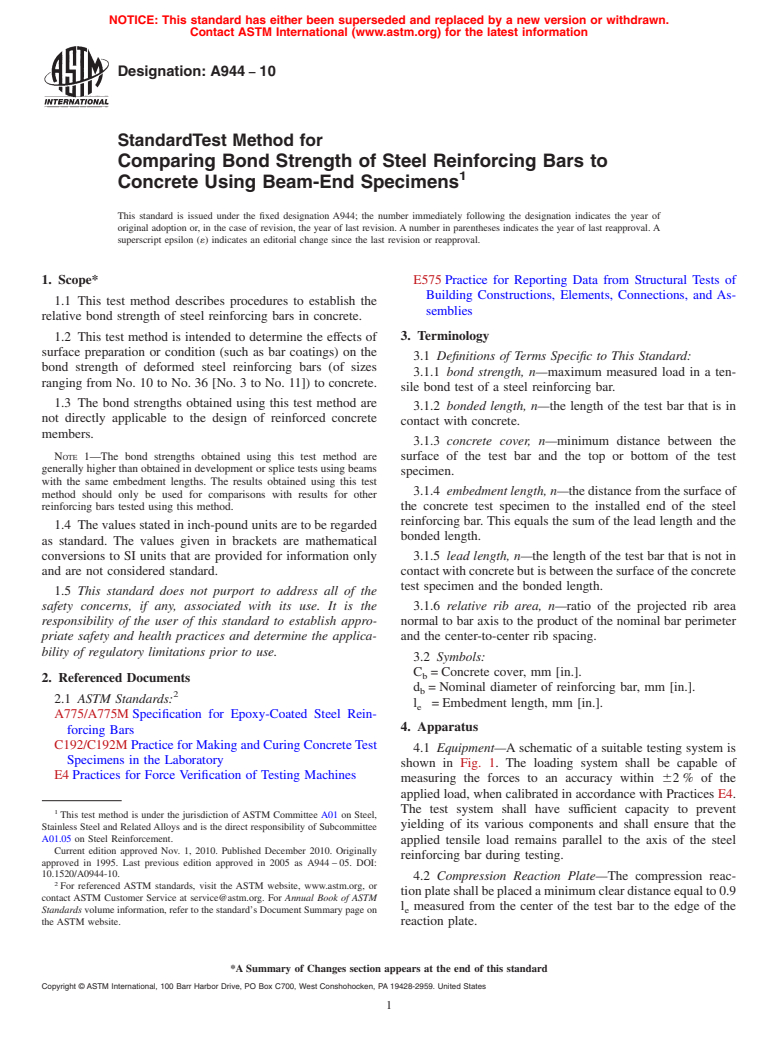 ASTM A944-10 - Standard Test Method for Comparing Bond Strength of Steel Reinforcing Bars to Concrete Using Beam-End Specimens