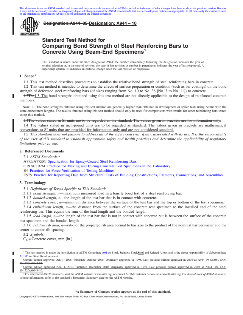 REDLINE ASTM A944-10 - Standard Test Method for Comparing Bond Strength of Steel Reinforcing Bars to Concrete Using Beam-End Specimens