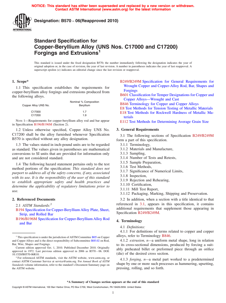 ASTM B570-06(2010) - Standard Specification for Copper-Beryllium Alloy (UNS Nos. C17000 and C17200) Forgings and Extrusions