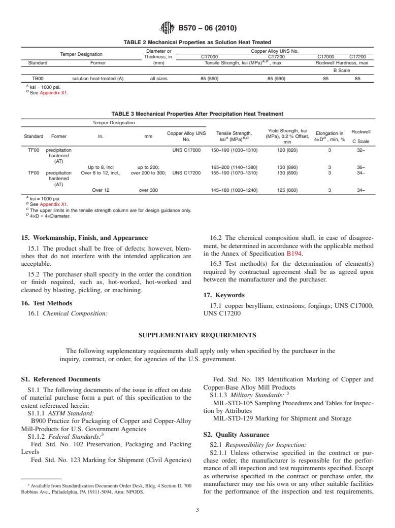 ASTM B570-06(2010) - Standard Specification for Copper-Beryllium Alloy (UNS Nos. C17000 and C17200) Forgings and Extrusions