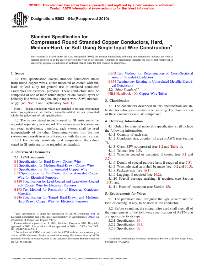 ASTM B902-04a(2010) - Standard Specification for Compressed Round Stranded Copper Conductors, Hard, Medium-Hard, or Soft Using Single Input Wire Construction