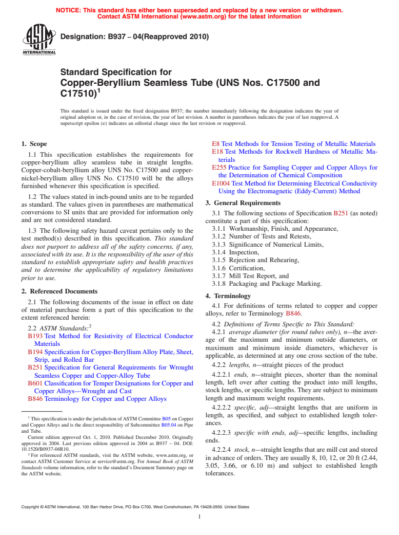 ASTM B937-04(2010) - Standard Specification for Copper-Beryllium Seamless Tube (UNS Nos. C17500 and C17510)