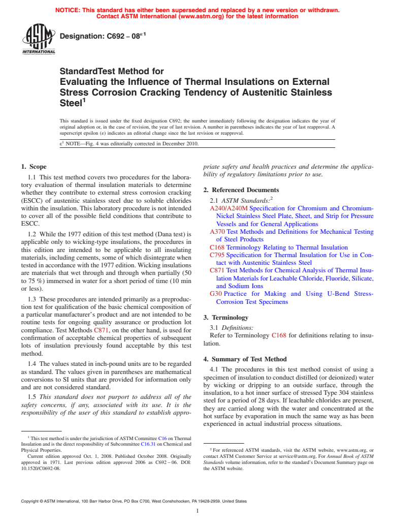 ASTM C692-08e1 - Standard Test Method for Evaluating the Influence of Thermal Insulations on External Stress Corrosion Cracking Tendency of Austenitic Stainless Steel