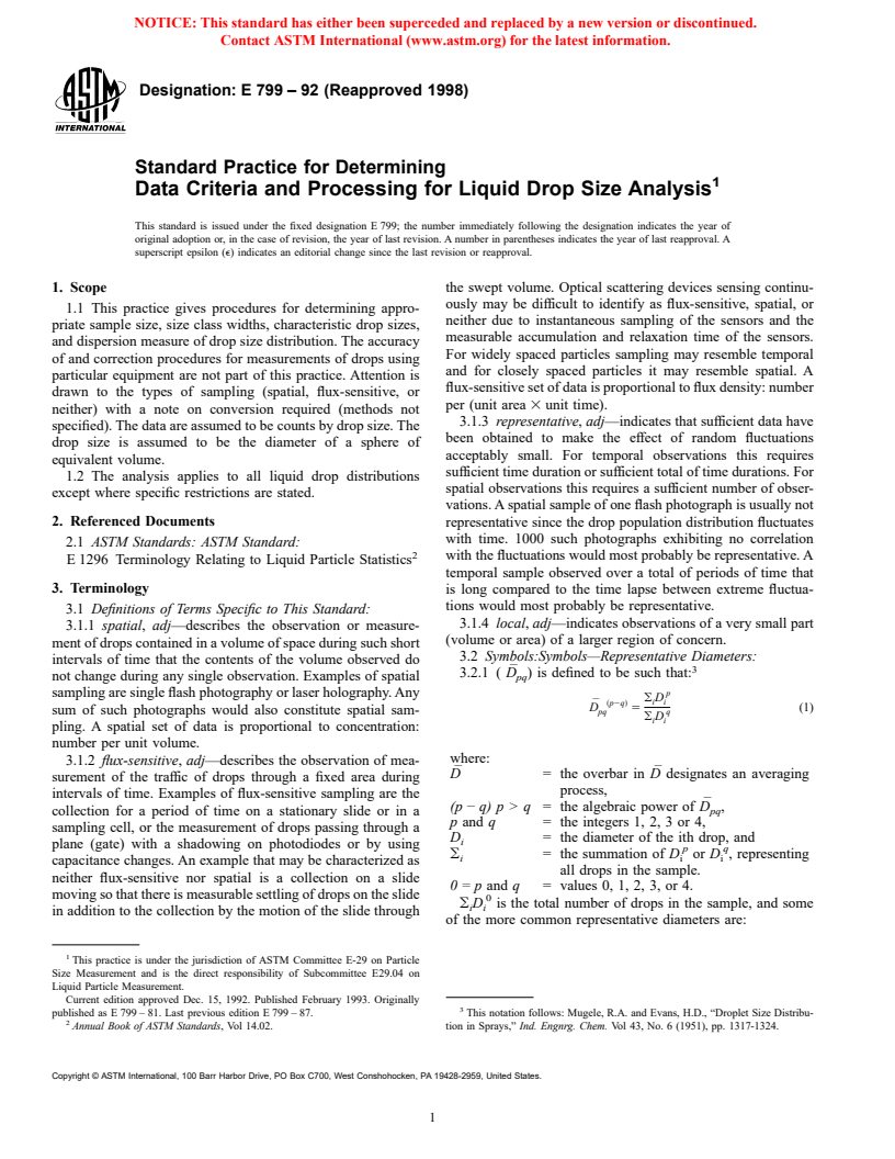 ASTM E799-92(1998) - Standard Practice for Determining Data Criteria and Processing for Liquid Drop Size Analysis