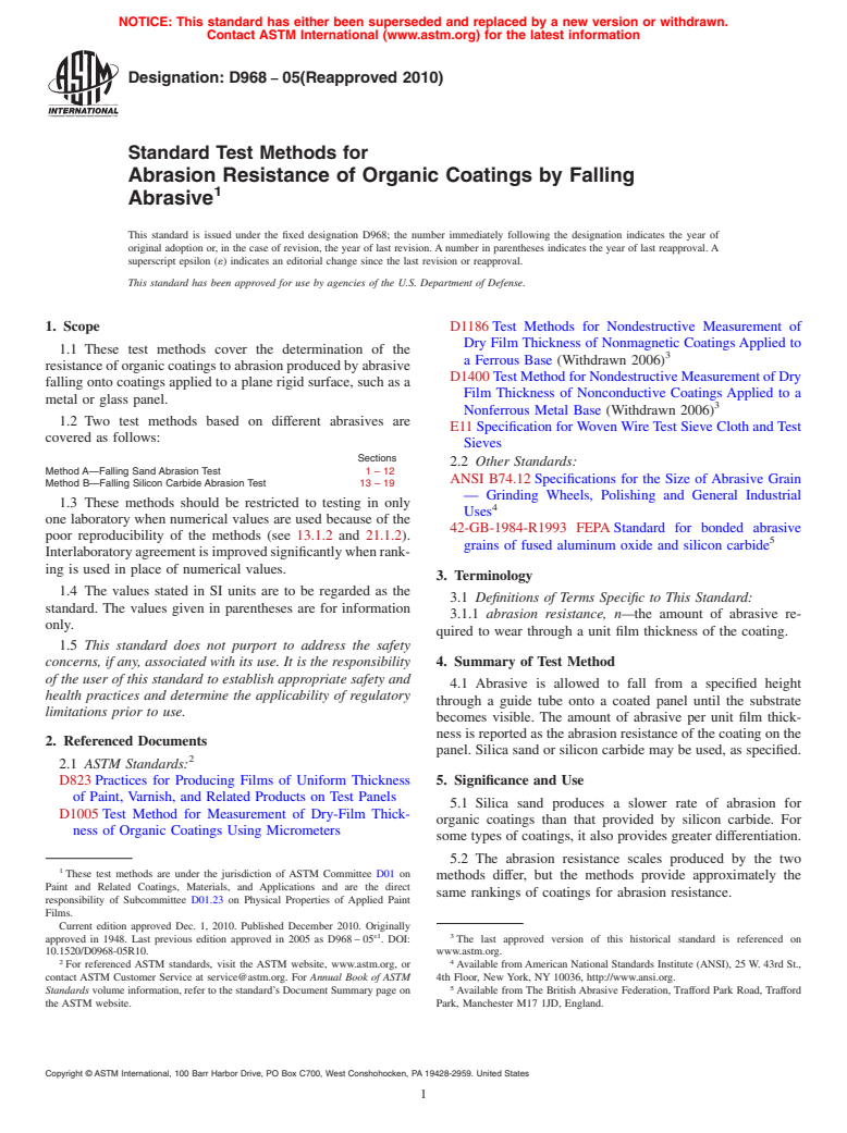 ASTM D968-05(2010) - Standard Test Methods for Abrasion Resistance of Organic Coatings by Falling Abrasive