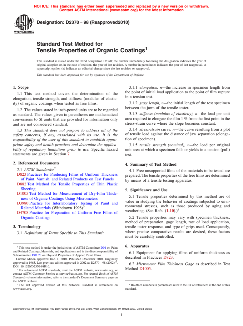 ASTM D2370-98(2010) - Standard Test Method for Tensile Properties of Organic Coatings