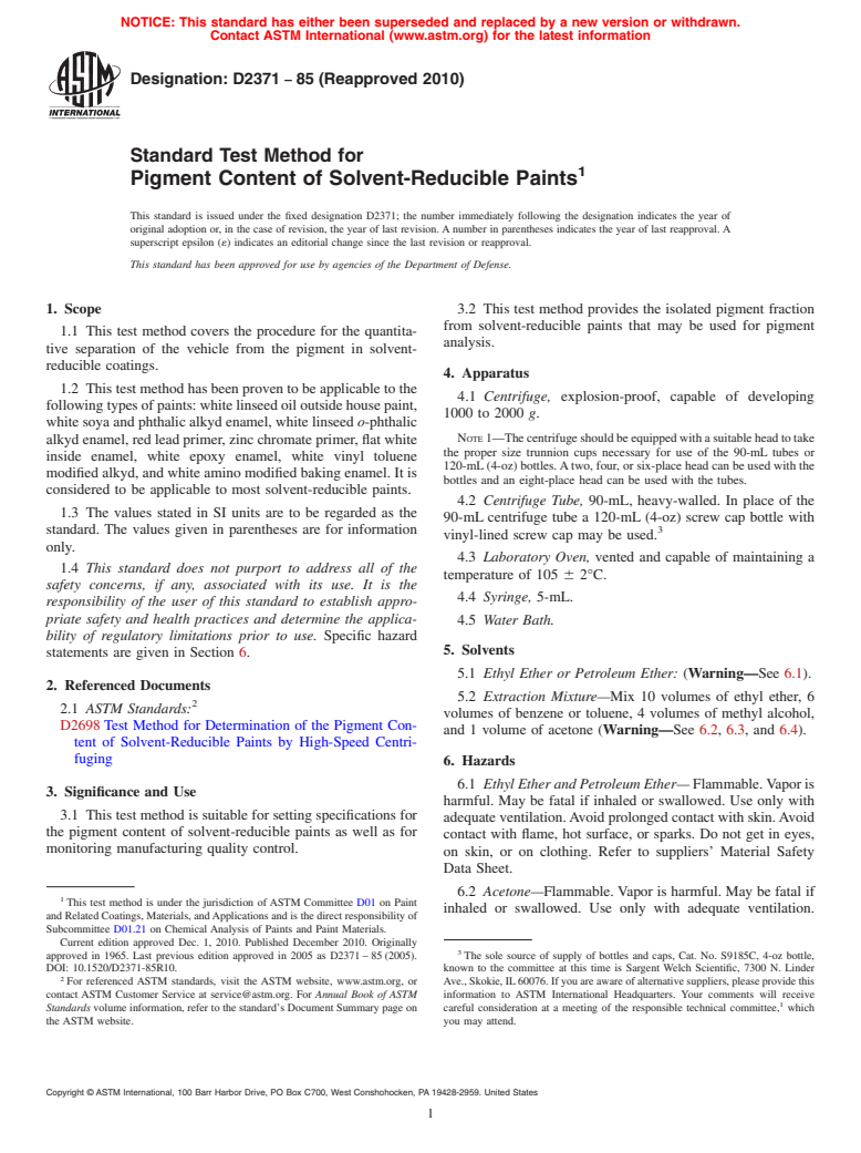 ASTM D2371-85(2010) - Standard Test Method for Pigment Content of Solvent-Reducible Paints (Withdrawn 2019)