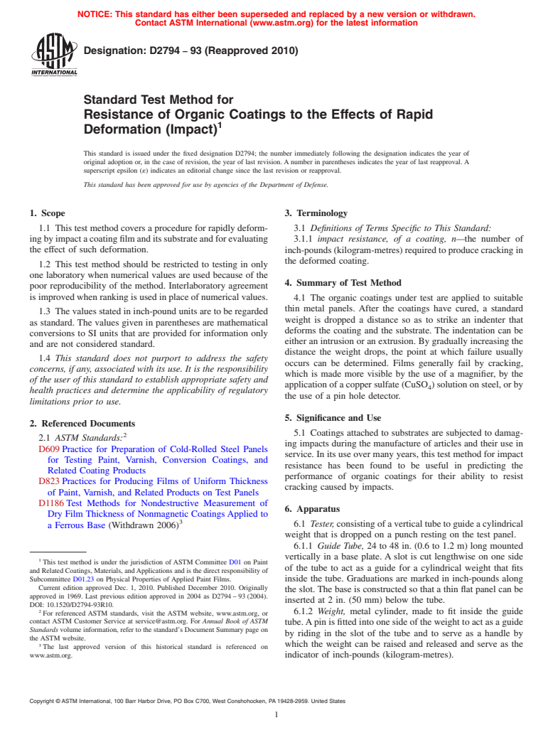 ASTM D2794-93(2010) - Standard Test Method for Resistance of Organic Coatings to the Effects of Rapid Deformation (Impact)