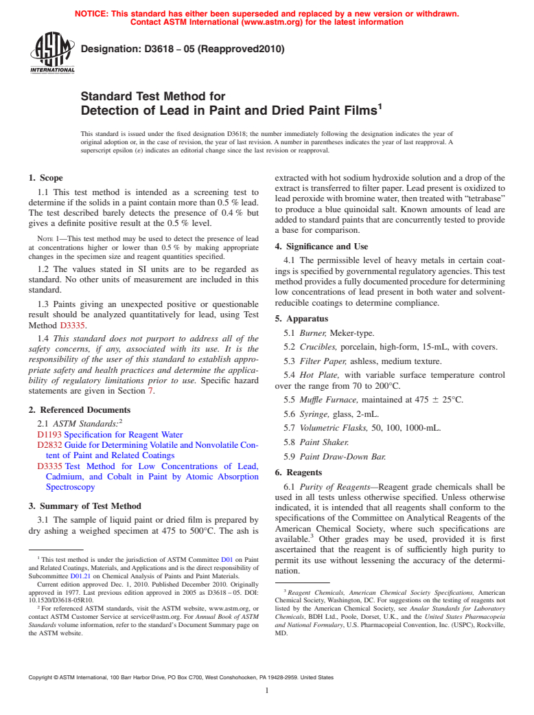 ASTM D3618-05(2010) - Standard Test Method for Detection of Lead in Paint and Dried Paint Films