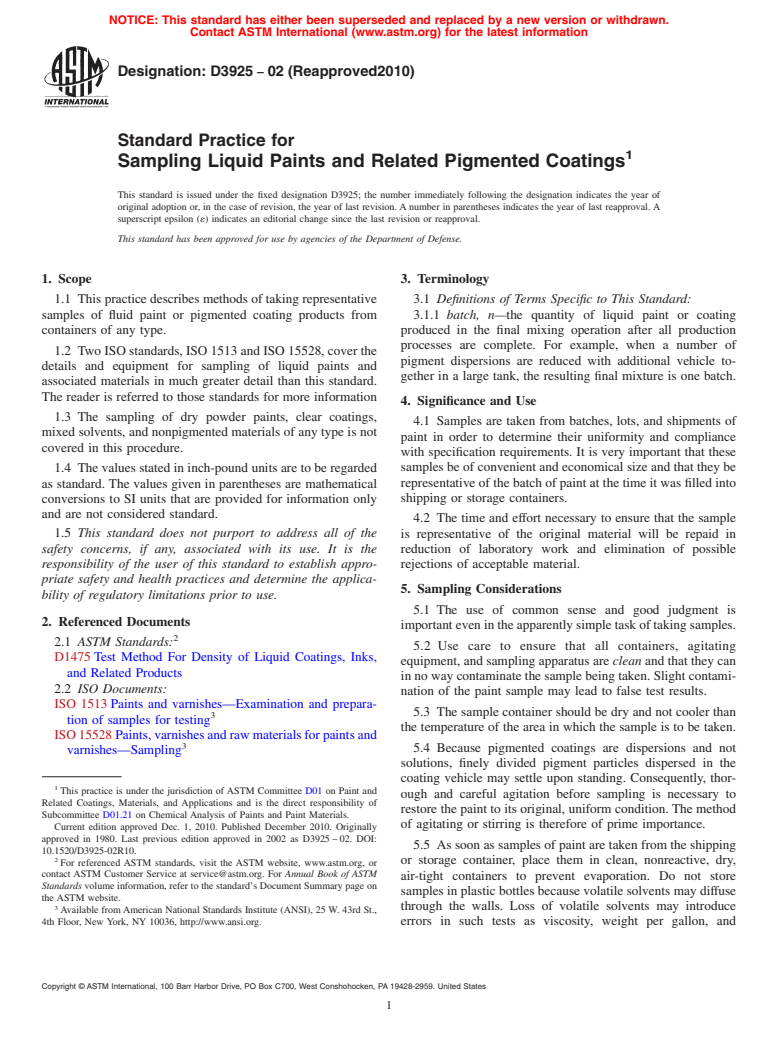 ASTM D3925-02(2010) - Standard Practice for Sampling Liquid Paints and Related Pigmented Coatings