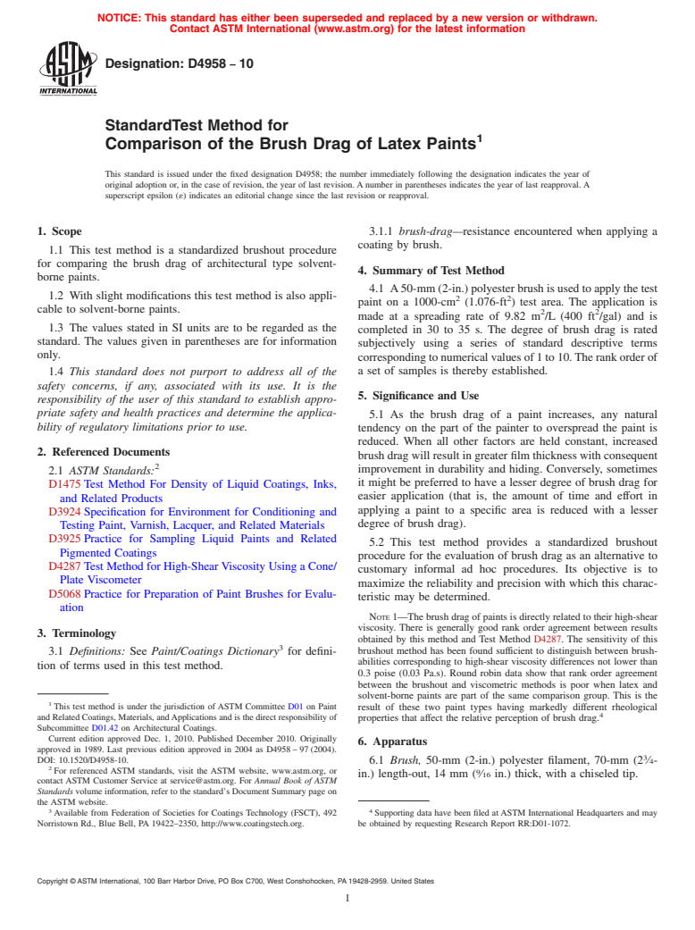 ASTM D4958-10 - Standard Test Method for Comparison of the Brush Drag of Latex Paints