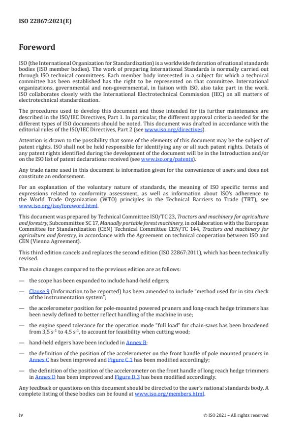 ISO 22867:2021 ISO 22867:2021 - Forestry and gardening machinery -- Vibration test code for portable hand-held machines with internal combustion engine -- Vibration at the handles - Page 4 preview