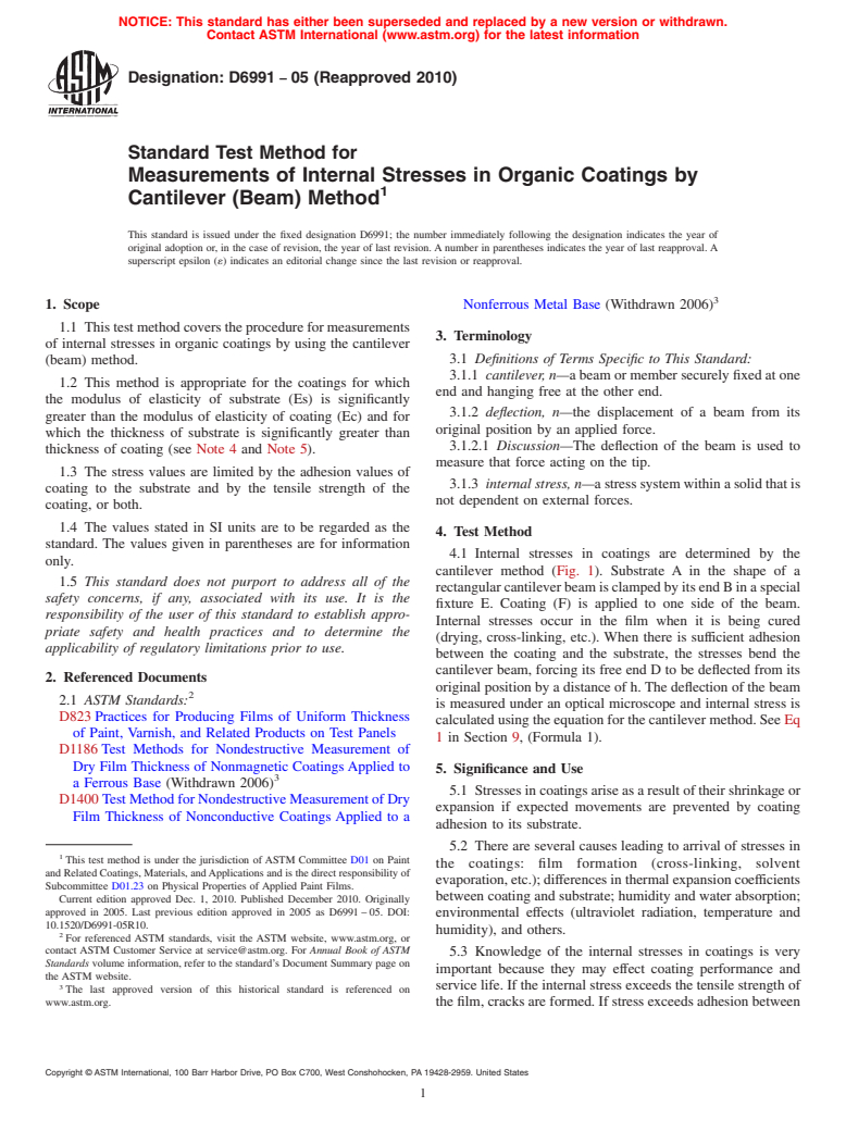 ASTM D6991-05(2010) - Standard Test Method for Measurements of Internal Stresses in Organic Coatings by Cantilever (Beam) Method